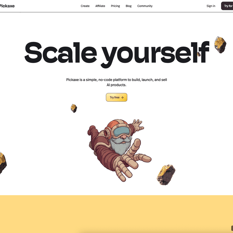 Pickaxe by Pickaxe Project - No-code platform for building, deploying, and monetizing custom AI tools and chatbots without technical expertise - Screenshot of the Pickaxe interface showing No-Code Builder, AI Training, Monetization features for Development, Productivity, No-Code, Monetization workflows
